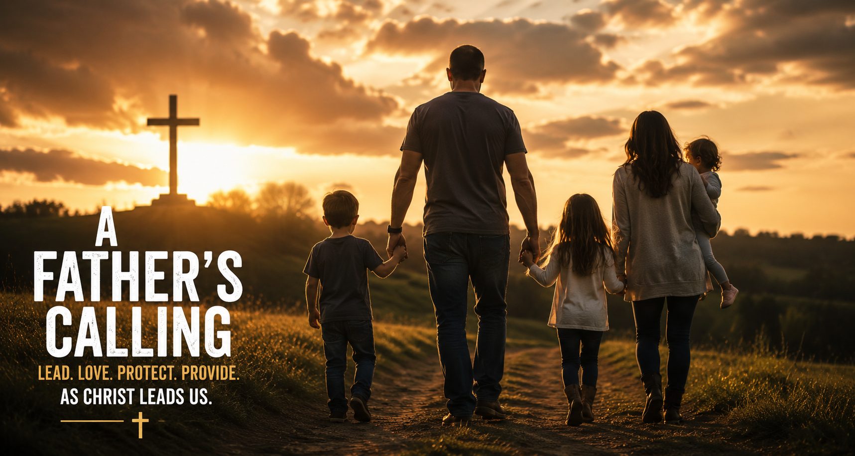 A father walks with his family toward a cross at sunset. The artwork reads: A father's calling. Lead. Love. Protect. Provide. As Christ leads us.