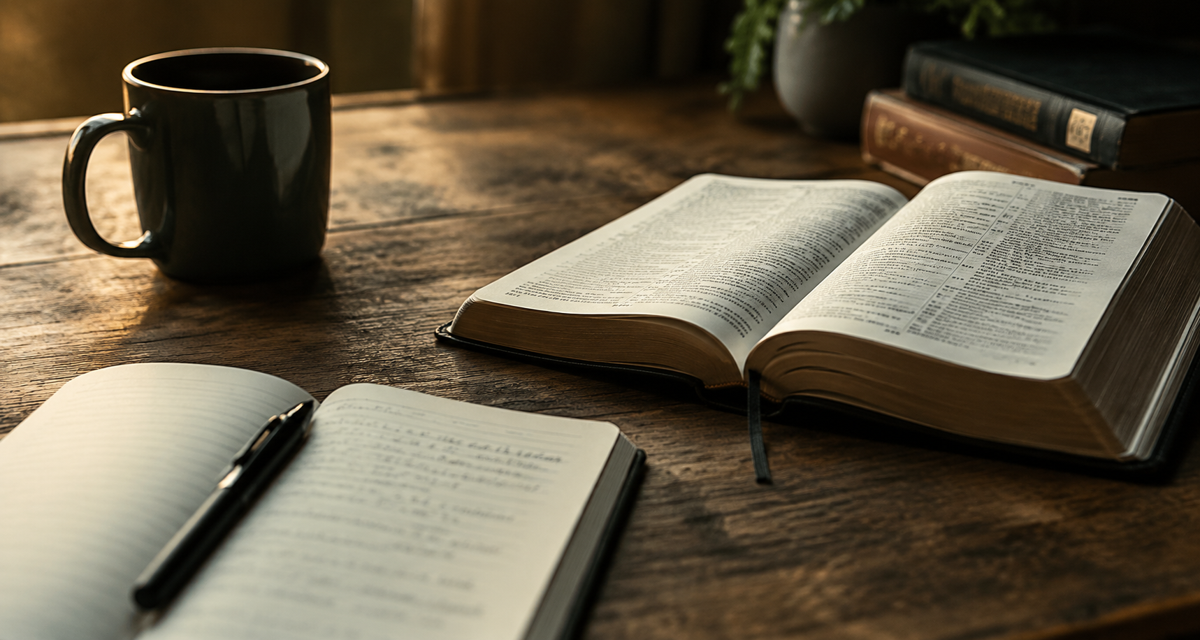 An open Bible, a journal with a pen, and a mug on a wooden table.